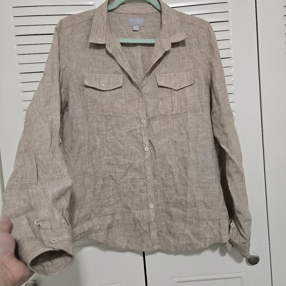 Pure Collection Pure Linen Long Sleeve Shirt Light Beige Size 8/10 #186 - Picture 2 of 6